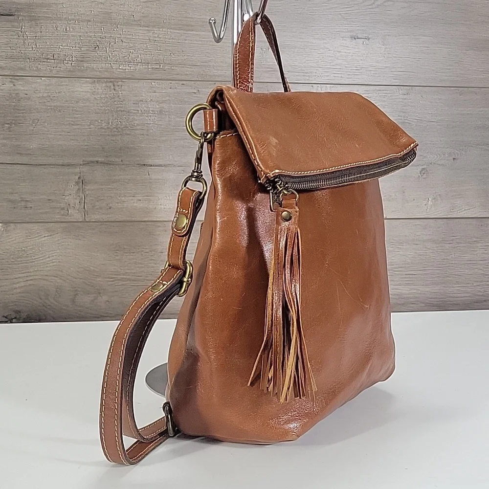 Patricia Nash Classic Tan Leather Fold-Top Backpack Tote Bag